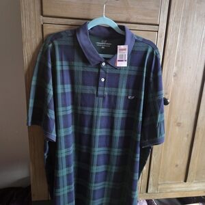 Vineyard Vines Men's Green and Blue Plaid Polo Shirt